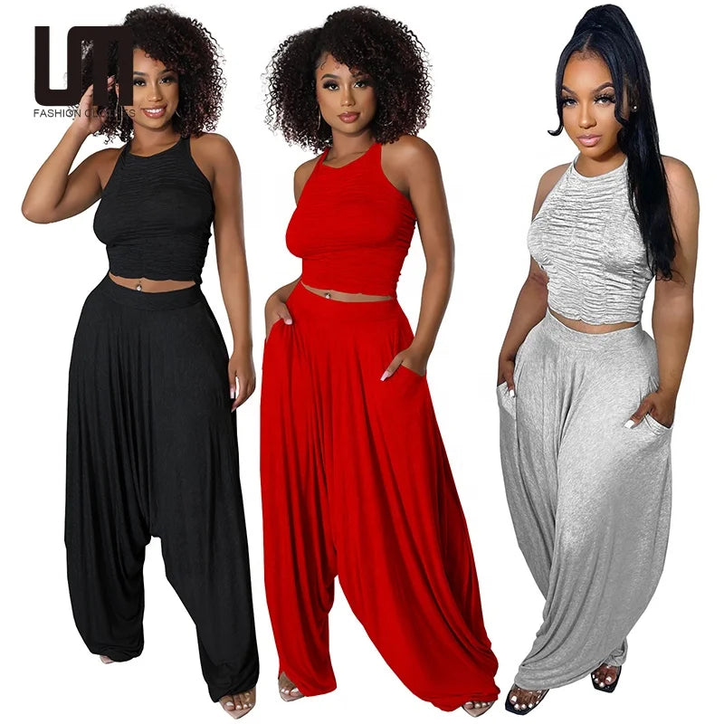 Liu Ming Fashion Women's Casual 2-Piece Set Solid Pattern Pleated Tank Tops Ankle-Length Long Pants with Unique Hole Decoration