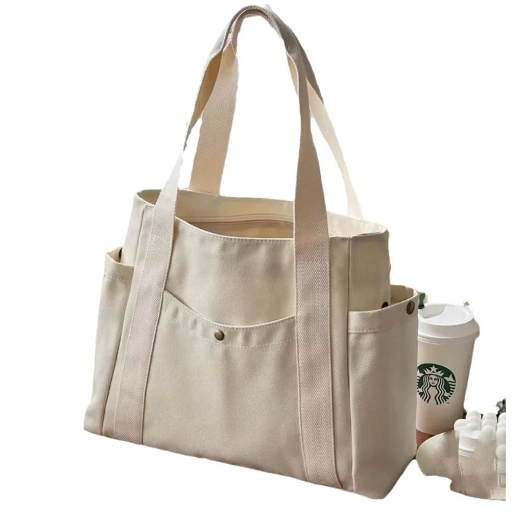 Custom Logo Cotton Canvas Tote Bag Multiple Side Pockets Bottle Holder Women Handbags Zipper Closure Grocery Shopping Bag