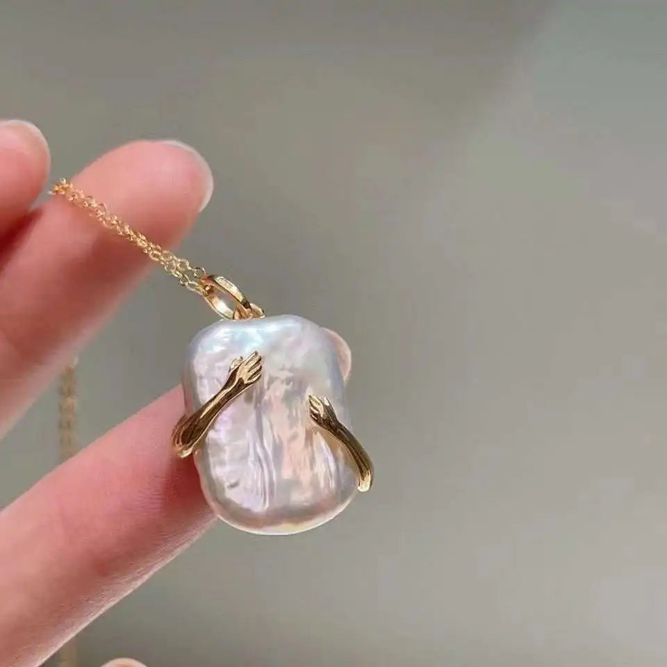 New Product Hugs 18K Gold Plated Chain with Square Baroque Freshwater Pearl Pendant Necklace