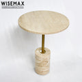 WISEMAX FURNITURE Modern Living Room Furniture Round Sofa Side Table Natural Travertine Top Metal Frame Coffee Table for Home