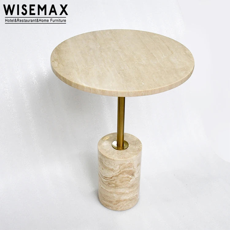 WISEMAX FURNITURE Modern Living Room Furniture Round Sofa Side Table Natural Travertine Top Metal Frame Coffee Table for Home