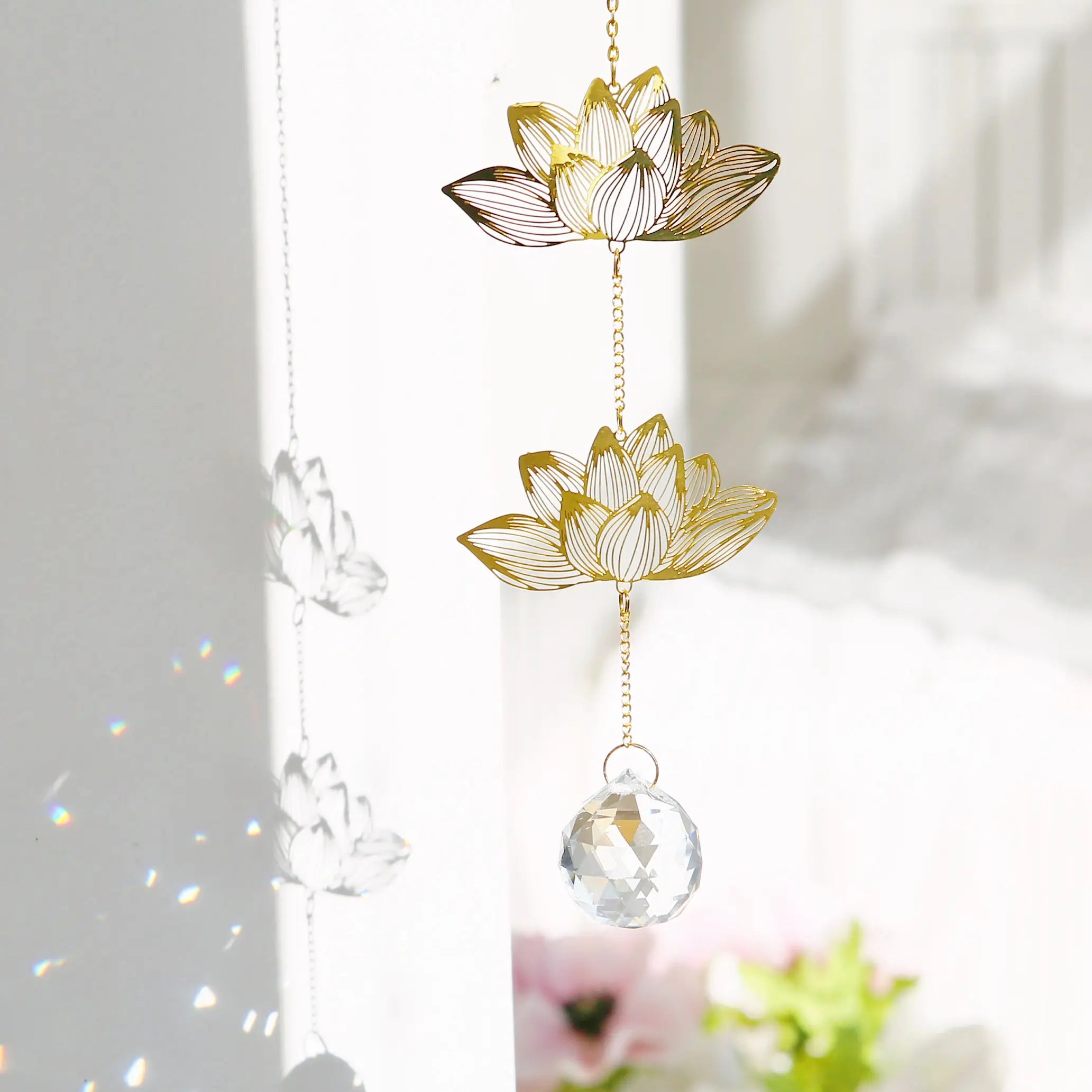 Wholesale K9 Golden Hanging Prism Window Crystal Sun Catcher Light Wind Chime Hanging Circle Kit Handmade Beads Polished