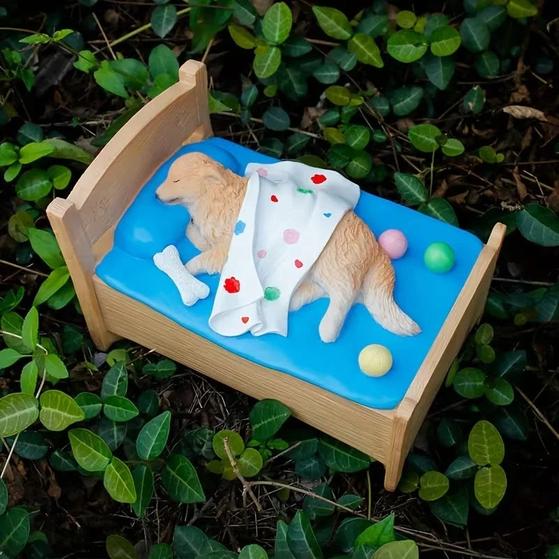 Custom Engraved Golden Retriever Dog Bed Resin Sculpture with Blue Mattress & Toys Outdoor Garden Decor for Pet Lovers