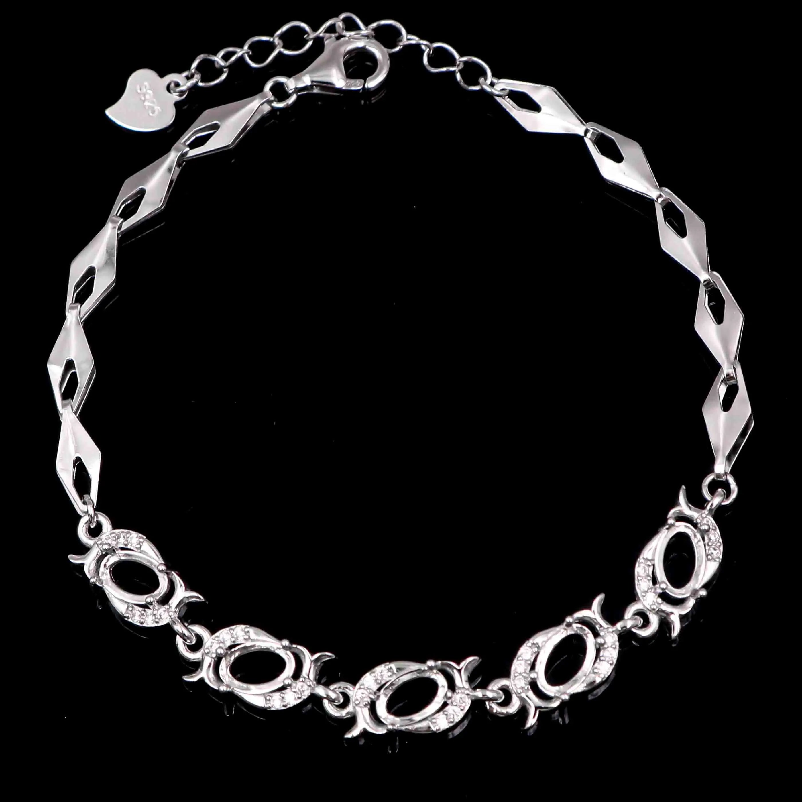 Sterling Silver 4*6mm Semi Mount Bracelet Empty Support Blank Claw Setting S925 Base Holder Without Center Stone for Inlay DIY