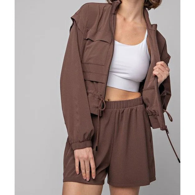 Women Track Suit 2 Piece Solid Color Windbreaker Windproof Jacket With Pocket and Adjustable Cinch and Shorts