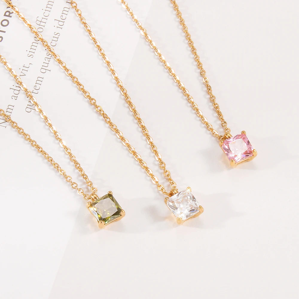Vintage Dainty Gold Plated Cross Chain Square Green Zircon Pendant Necklace Stainless Steel Necklace