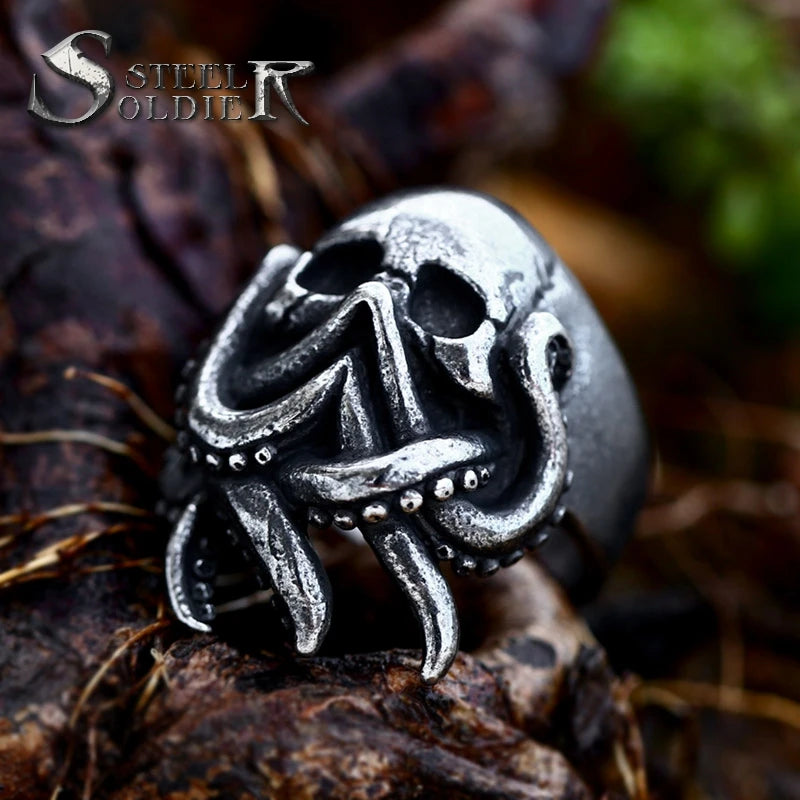 SS8-1229R New Style 316L Stainless Steel Skull Octopus Ring Biker Gothic Men's Ring Seaman Unique Retro Jewelry Wholesale