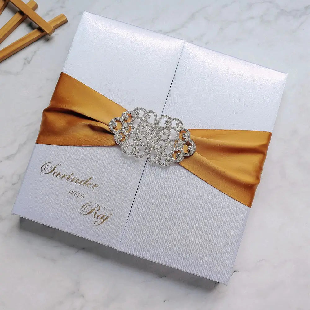 Hardcover Silk Box Ribbon Brooch Decoration Scroll Invitation with Tassel and EVA Holder