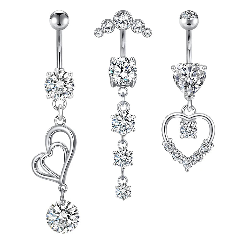 Lady Ornaments Set Large Zircon Heart-Shaped Surgical Steel Belly Button Rings Dangle Danglers Piercing Jewelry for Fashion