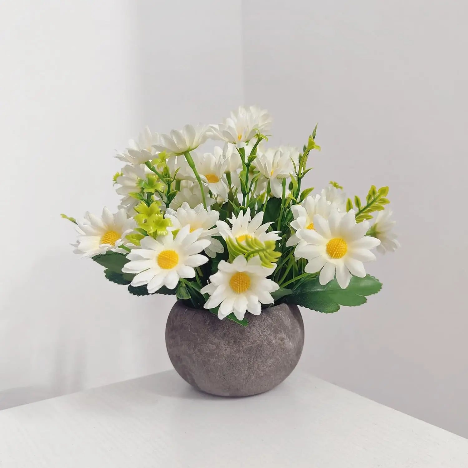 Artificial Flower Mini Potted Plant Kit White Daisy Greenery Paper Pot for Cabinet Office Living Room Bedroom Dining Party Decor