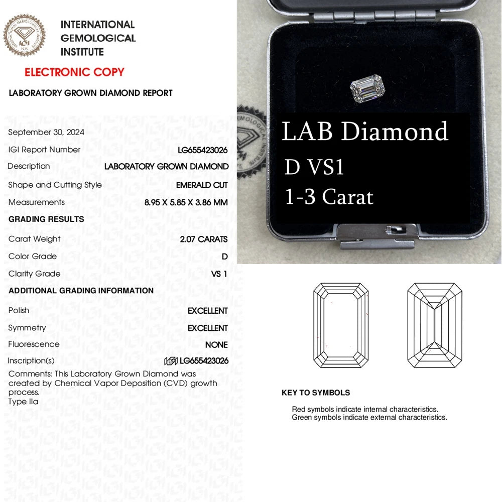 HQ GEMS Excellent Cut 1 2 3 5 Carat IGI Certificate Emerald Cut CVD Lab Loose Diamonds Price Per Carat
