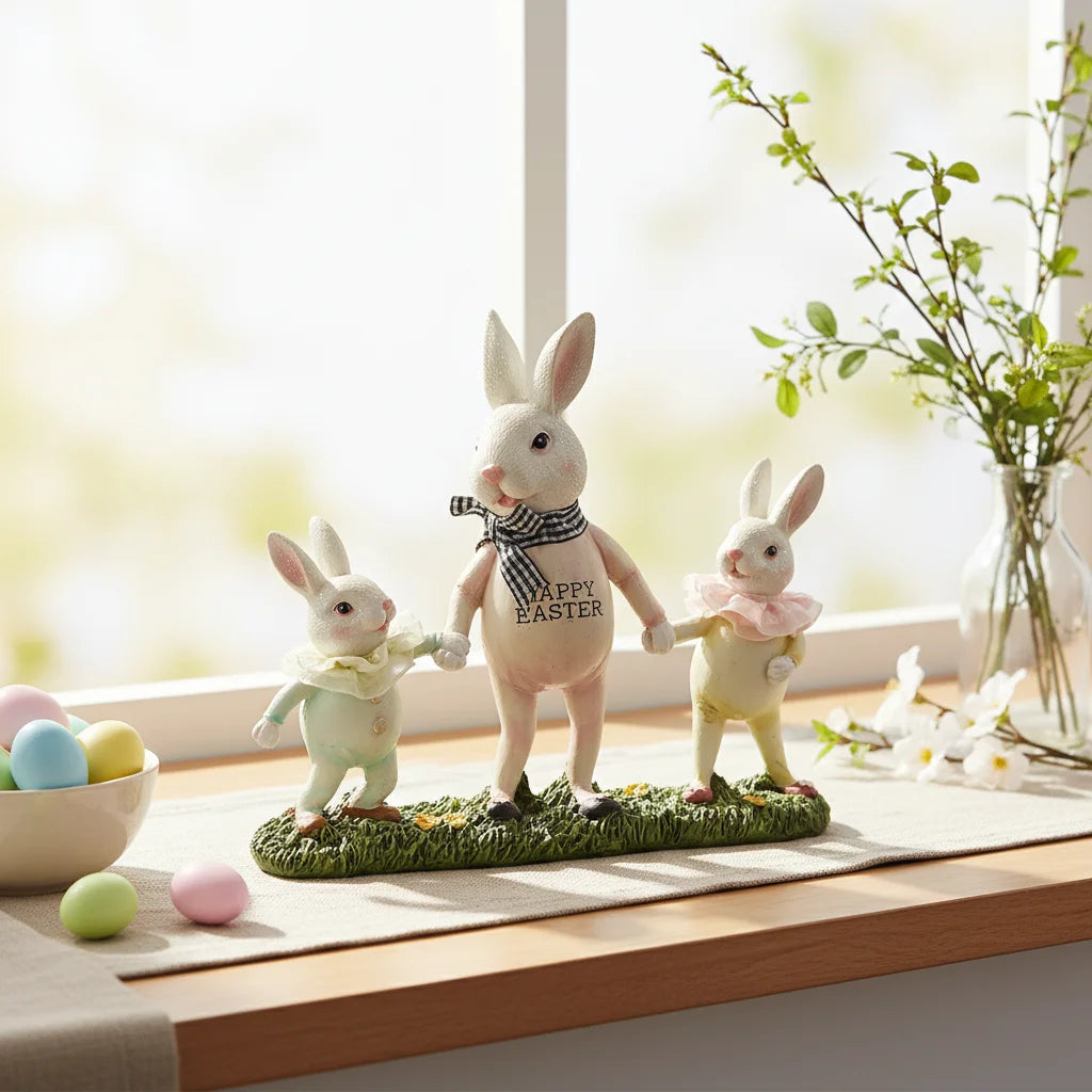 Easter Resin/Glass Bunny Couple Figurine Transparent Gold Modern Decorative Craft with Digital Printing and Customizable Design