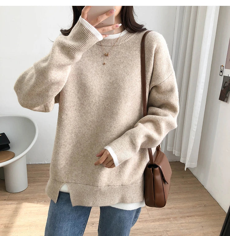 Autumn Winter Pullovers Sweaters Women Fashion O Neck Fake Two Pieces Long Sleeve Knitwear Casual Oversize Jumper Tops New