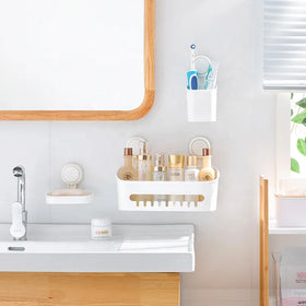 Bathroom Products Storage Organizer Hanging Shelf Wall Mounted Hanging Vacuum Shower Caddy Bathroom Suction Cup Hook