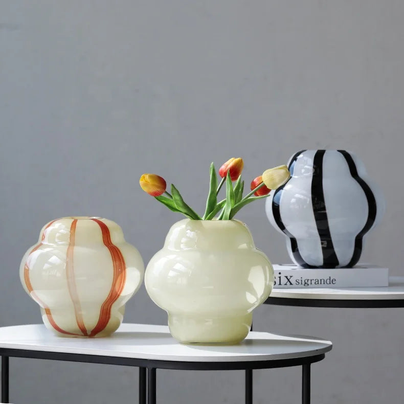 Wholesale BIXUAN White Cream Jade Colored Glass Vases Handcrafted Stripe Finish Classic 21cm Diameter Shape Tabletop Home Decor