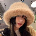 2026 Luxury Rabbit Plush Warm Fisherman Hats Winter Panama Caps Women Thickened Faux Fur Fluffy Wide Brim Bucket Hat for Female
