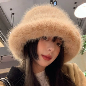 2026 Luxury Rabbit Plush Warm Fisherman Hats Winter Panama Caps Women Thickened Faux Fur Fluffy Wide Brim Bucket Hat for Female