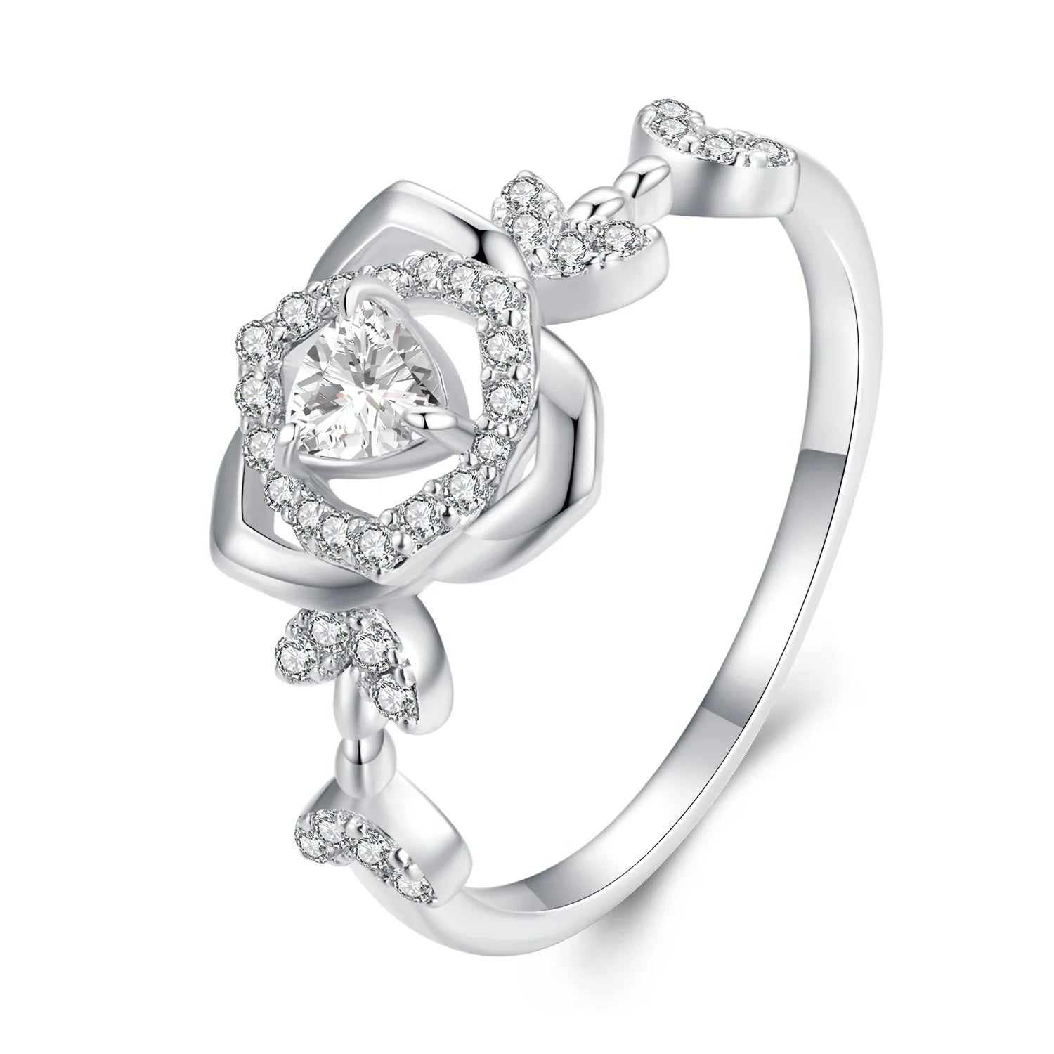Bamoer 925 Sterling Silver Clear Zircon Rose Finger Ring Flower Ring for Women Birthday Engagement Gift Fine Jewelry BSR366