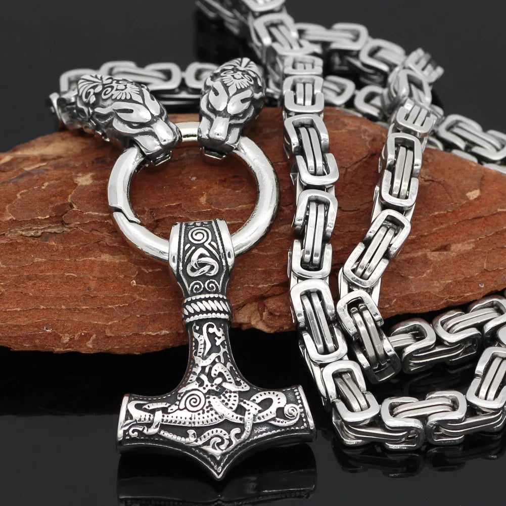 Nordic Viking Series Stainless Steel Dragon Head Emperor Chain Domineering Men's Necklace Accessories Thor Hammer Jewelry