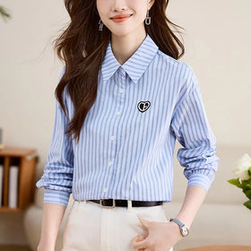 8961# Women's Stripe Blouses New Long Sleeves Korean Shirts Loose Turn-down Collar New Casual Office Top