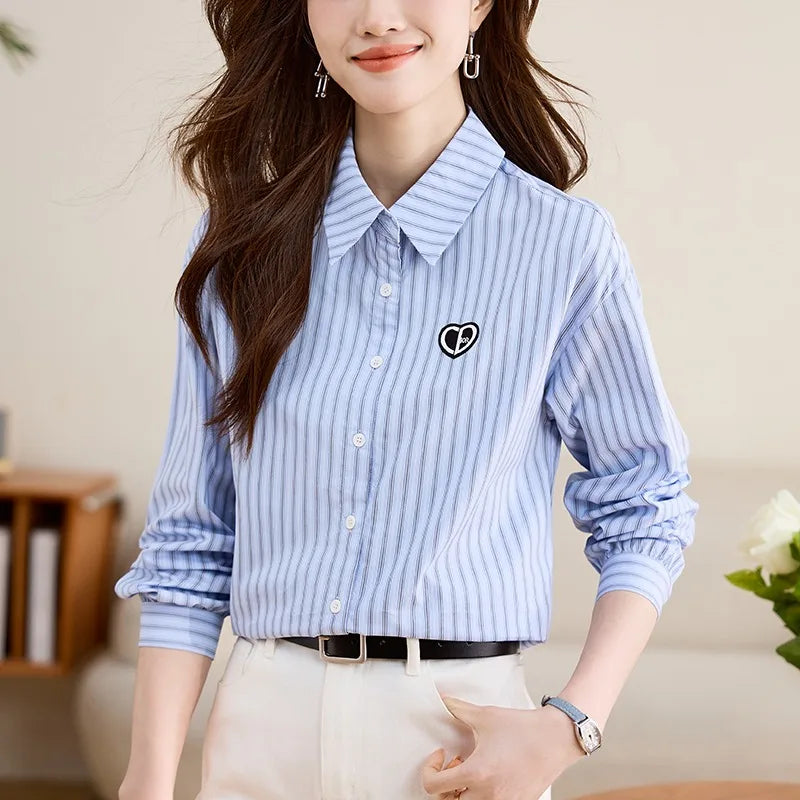 8961# Women's Stripe Blouses New Long Sleeves Korean Shirts Loose Turn-down Collar New Casual Office Top