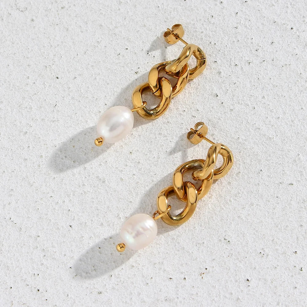 Dreamshow 18K Gold Plated Fresh Water Pearl Gold Chain Drop Earring 316L Stainless Steel Earring for Women