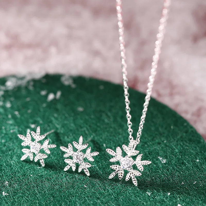 Hypoallergenic Christmas Jewelry 925 Sterling Silver Snowflake Earrings and Necklace Set