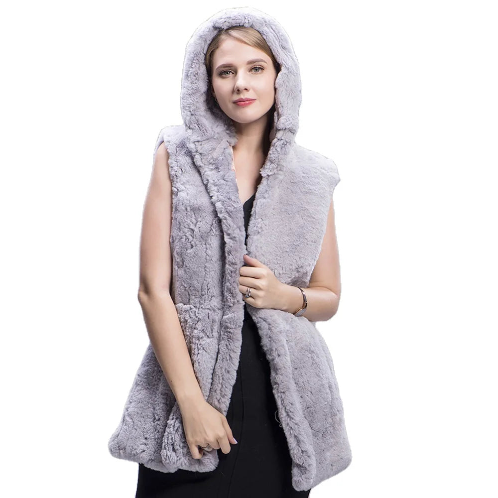 MWFur Sleeveless Casual Hooded Thick Fur Outwear MS.minshu Rex Rabbit Hair Waistcoat Rabbit Fur Vest Black Women Fur Coat