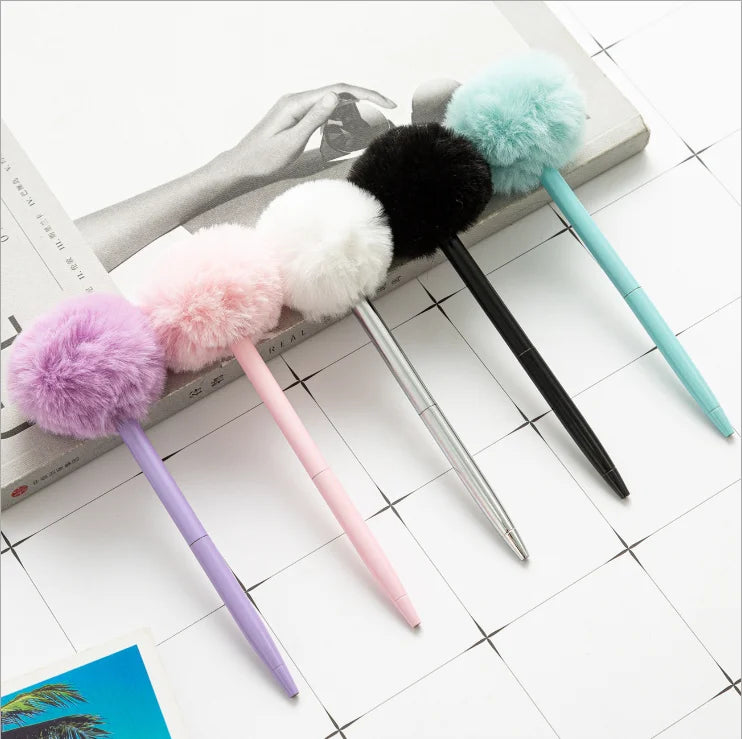 Cute Kawaii Girlish Pompom Metal Ballpoint Pen Office Writing Plastic Pen with Puffball for Welcome Gifts