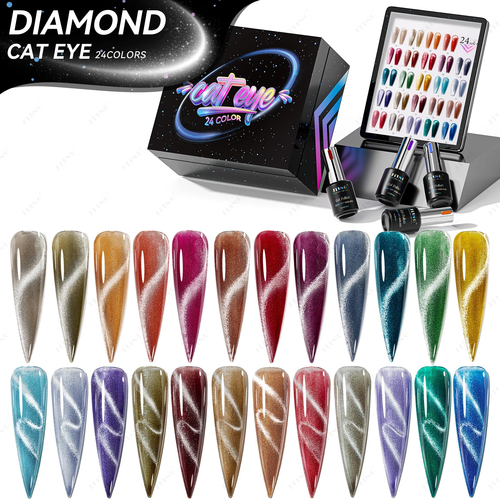 JTING Promotional New Style 24color Diamond Cat Eye Gel Polish Collection Box With Unique Color Book Shiny Cat Eye Gel Polish