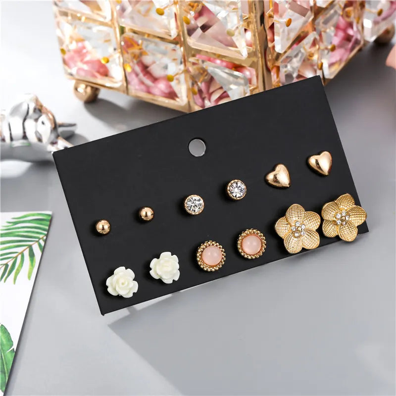 Korean Minimalist Flower Heart Rhinestone Resin Diamond Fashion Women's Earring Set