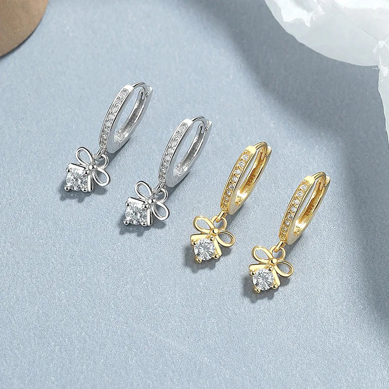 Wholesale Fashion Jewelry 925 Sterling Silver Bow Knot Bowknot Drop Diamond Gold Plated Hoop Earrings Jewelry for Women