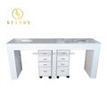 Modern Salon Manicure Furniture Wooden White Double Nail Tables with Exhaust Fan and Drawer for Workshop Use