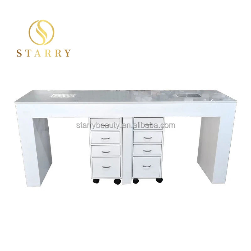 Modern Salon Manicure Furniture Wooden White Double Nail Tables with Exhaust Fan and Drawer for Workshop Use