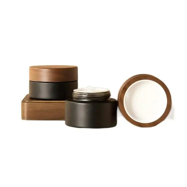 Wooden Bamboo Cap Dark Glass Matte Black Clear Jar Cream 30g 50g Hair Care Essence Glass Jars With Wood Walnut Dark Screw Cover
