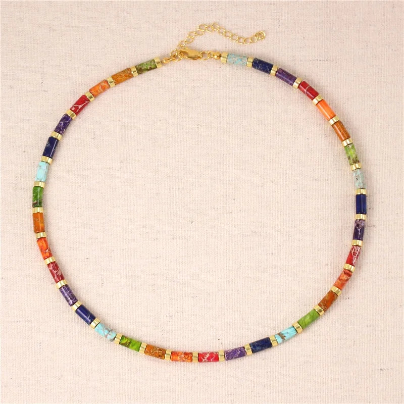 Boho 7 Chakra Natural Stone Jaspers Tube Beads Choker Necklace Yoga Women Rainbow Short Statement Necklace Jewelry Dropshipping