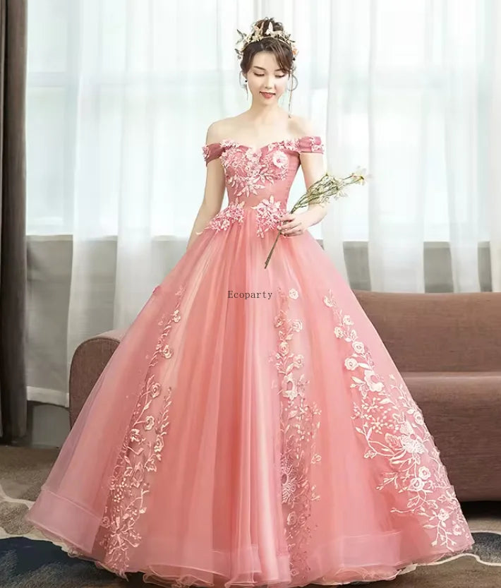 Summer New Pink Quinceanera Dresses Elegant Off the Shoulder Party Dress Sweet Flower Ball Gown Classic Lace Prom Evening Dress