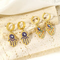 Wholesale Stainless Steel Evil Eyes Fatima Hand Hoop Earrings Colorful Rhinestone Hamsa Hand Huggie Earrings Jewelry