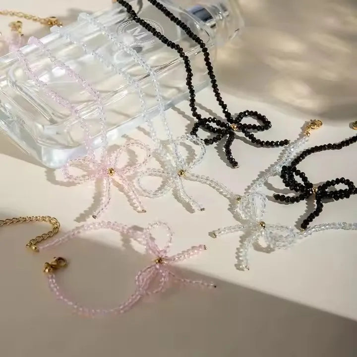 Cute Bowknot Design Glass Beads 18K Gold Plated Stainless Steel Necklace Tarnish Free Necklace for Girls Daily