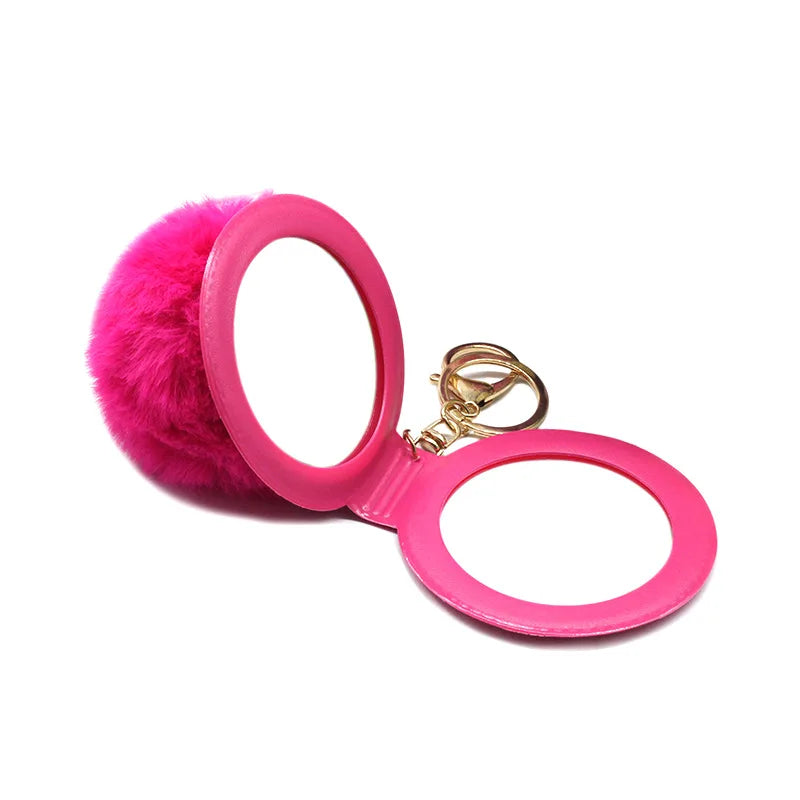 Cute Pom Pom Mirror Keychains Round Makeup Fur Ball Keychain with Mirror