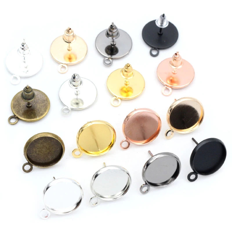 30pcs Fit 12mm Cabochon Earring Studs(with Ear Plug) Base Bezel Trays Stainless Iron DIY Earrings Making Supplies