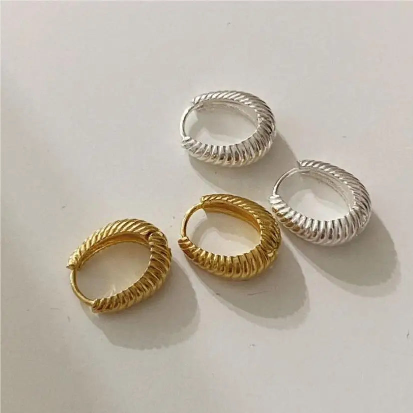 Korean Style S925 Sterling Silver Texture Hoop Earring Gold Plating Hollow Twist Hoop Earring for Women