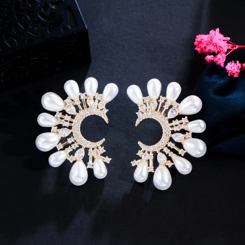 Symmetrical Moon Shape Gold Plated Half Round Cubic Zirconia Big Drop Pearl Earrings for Women New Trendy Party Jewelry