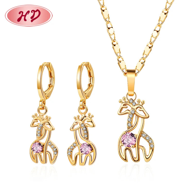 Hd Jewelry Hot Sale Wholesale 18K Gold Jewelry Giraffe Zircon Jewellery Earring Necklaces Women Jewelry Set for Girls