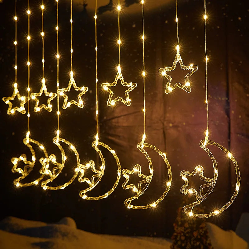 Christmas Star Moon Curtain Light Stars Snow Curtain Light Christmas Festive Interior Atmosphere Decorated LED Light Strings