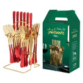 Top Quality Shiny Polishing Red Handle 24-Piece Stainless Steel Restaurant Tableware Flatware Cutlery Set Gold