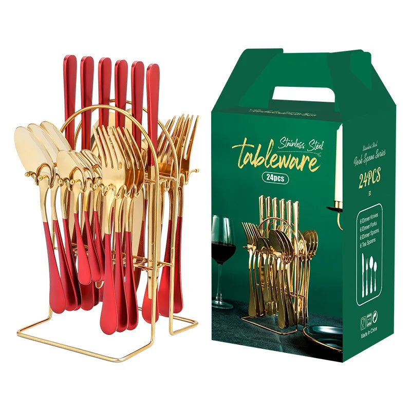 Top Quality Shiny Polishing Red Handle 24-Piece Stainless Steel Restaurant Tableware Flatware Cutlery Set Gold