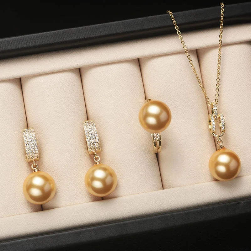 Wholesale Exquisite Fashion Jewelry Set 18K Gold Plated Brass Zircon Round Pearl Pendant Necklace Earrings Ring Sets for Women