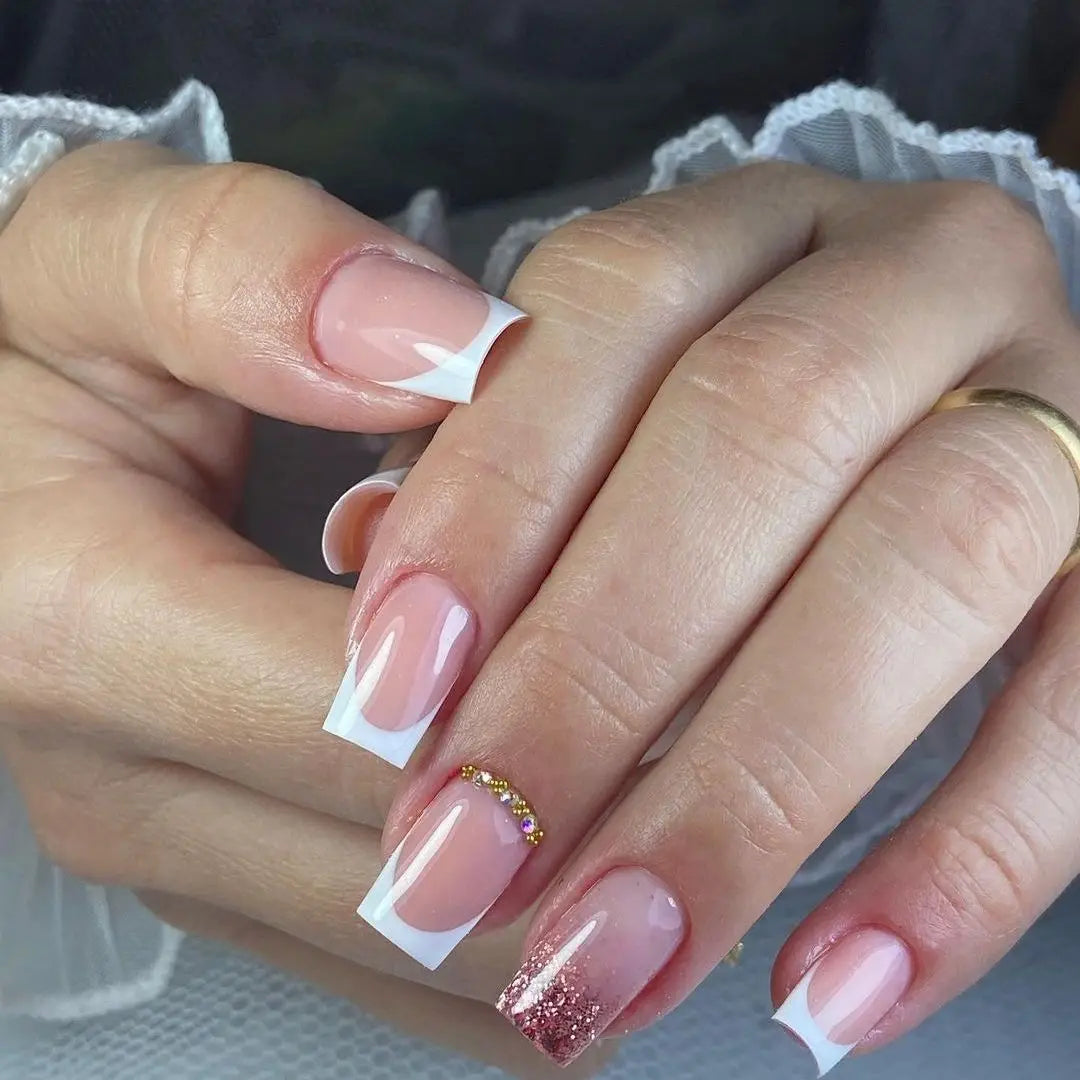 Luxury French Pink Powder Diamond Nails Art Private Label Press on Nails Press on Designer Nails