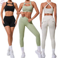2024 Wholesale Women's Activewear High Waist Sports Shorts 3pcs Workout Yoga Set for Women Breathable Quick Dry Solid Pattern